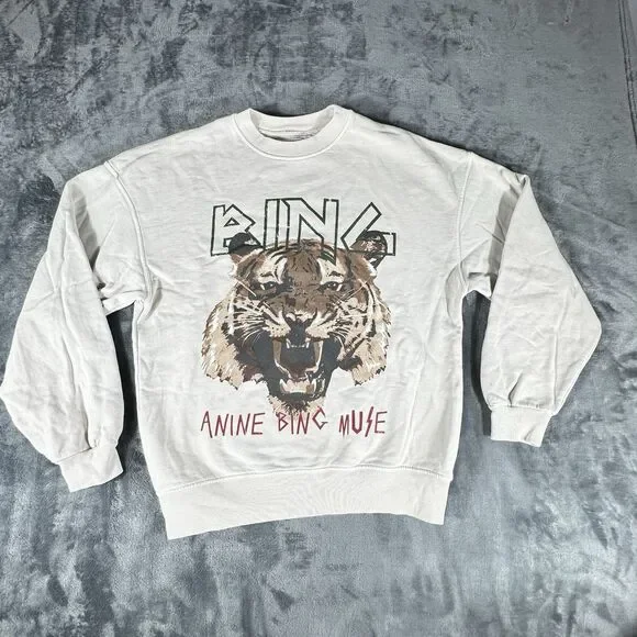 Anine Bing Muse Sz S Tiger Sweatshirt Beige Fleece Pullover Glam Minimalist Art - Picture 2 of 13
